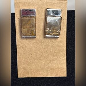 Silver Tone Picture Jasper Stone Rectangular Stud Earrings Modern Southwestern